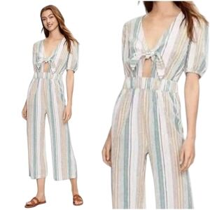 Loft Beach White Colorful Striped Open Tie Front Short Sleeve Casual Jumpsuit